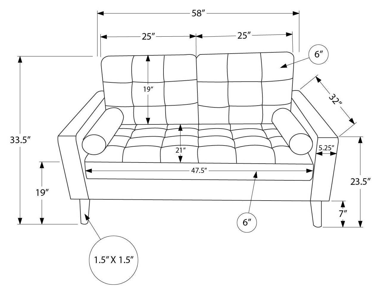 58" Loveseat with Two Cushions by Monarch - LUMOS-17 - dark gray fabric (8J12L17)