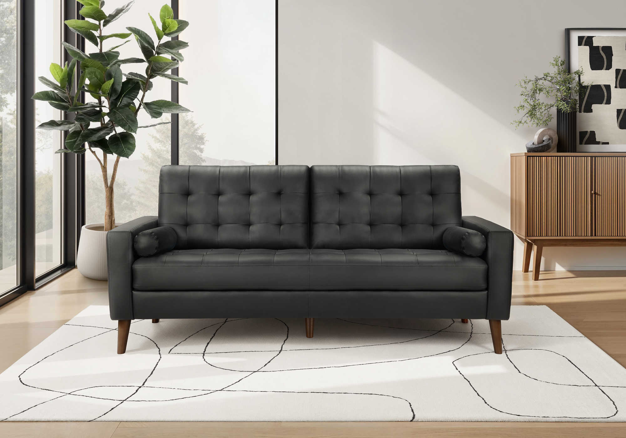 Monarch 75" Sofa with 2 Cushions - Black Faux Leather (CK5A95)