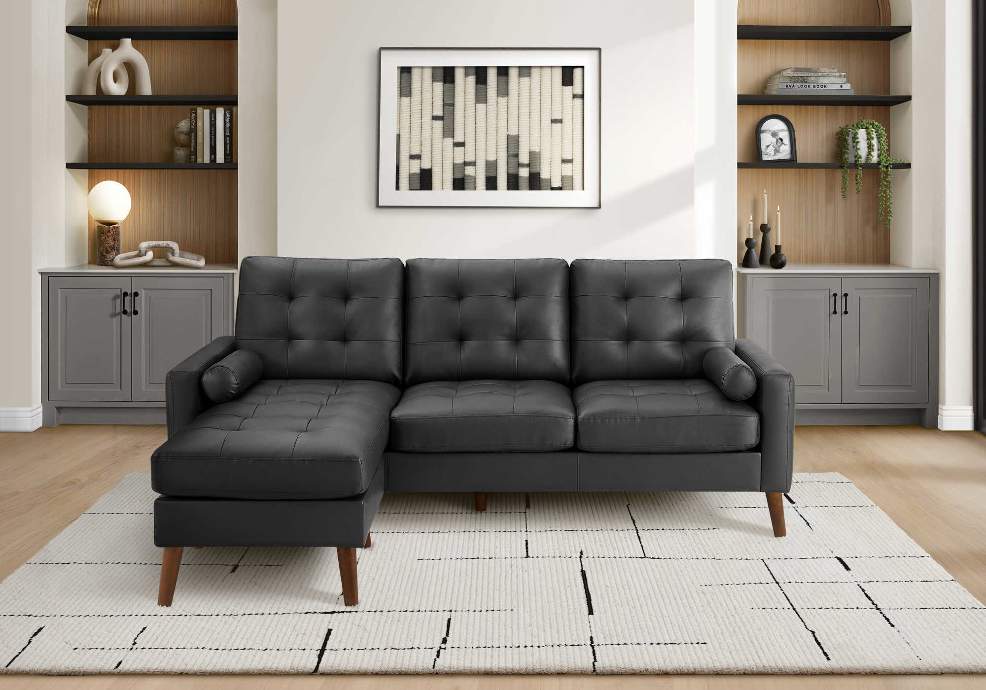 Sofa chaise longue avec deux coussins de 85" Monarch - CK5A95 - PU noir (8J14A95)