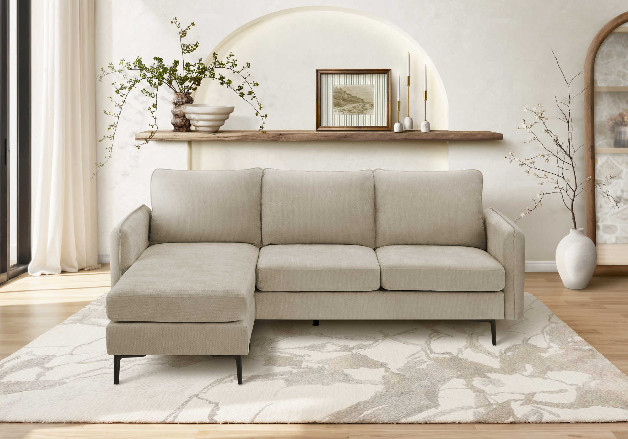 Sofa chaise longue de 85" Monarch - COACH-4 - tissu beige (8K14C04)