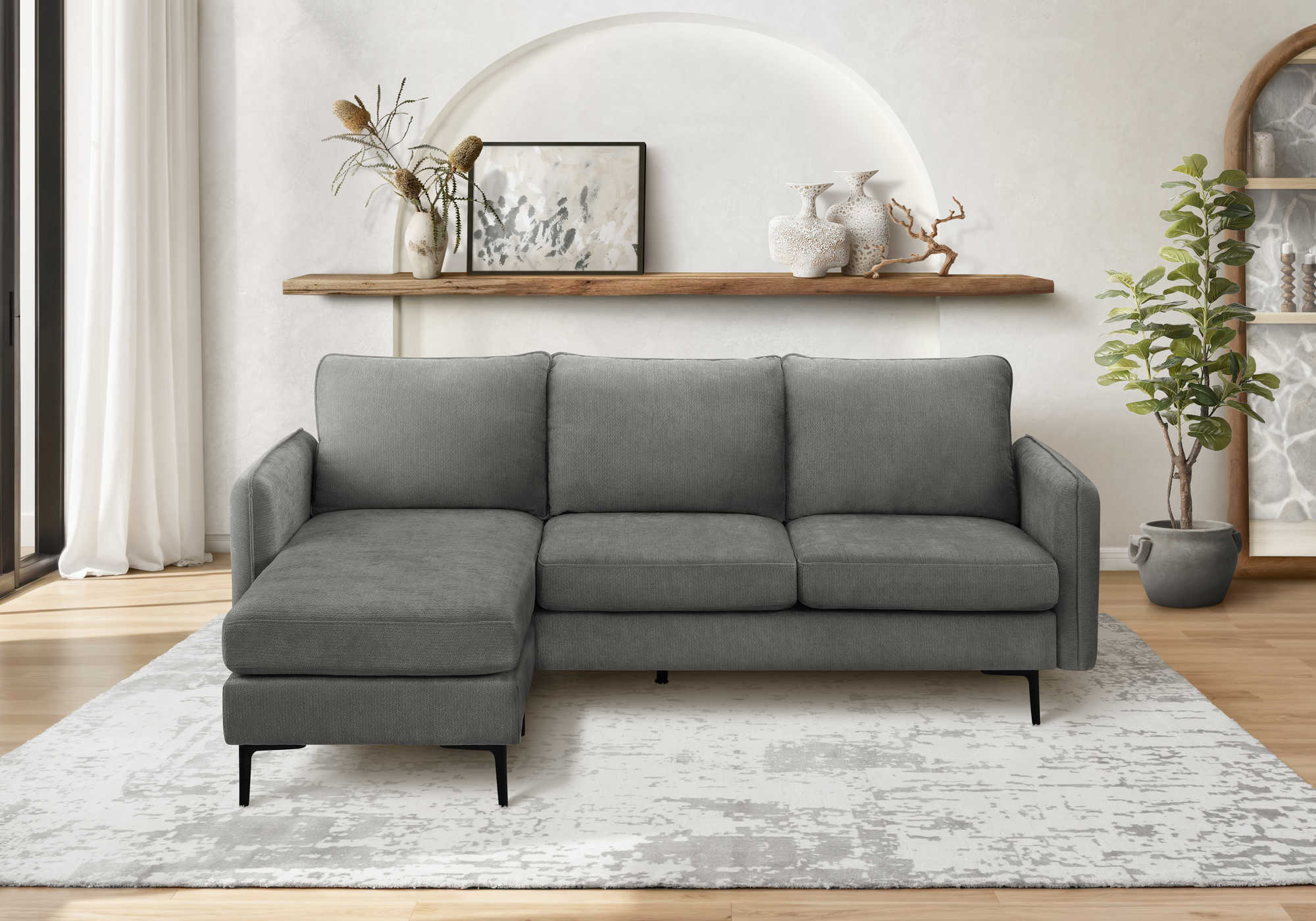 Sofa chaise longue de 85" Monarch - COACH-18 - tissu gris (8K14C18)