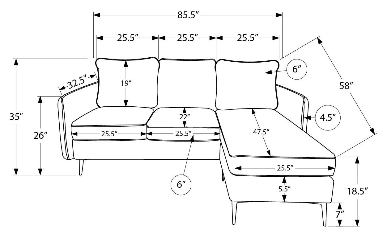 Sofa chaise longue de 85" Monarch - COACH-20 - tissu noir (8K14C20)