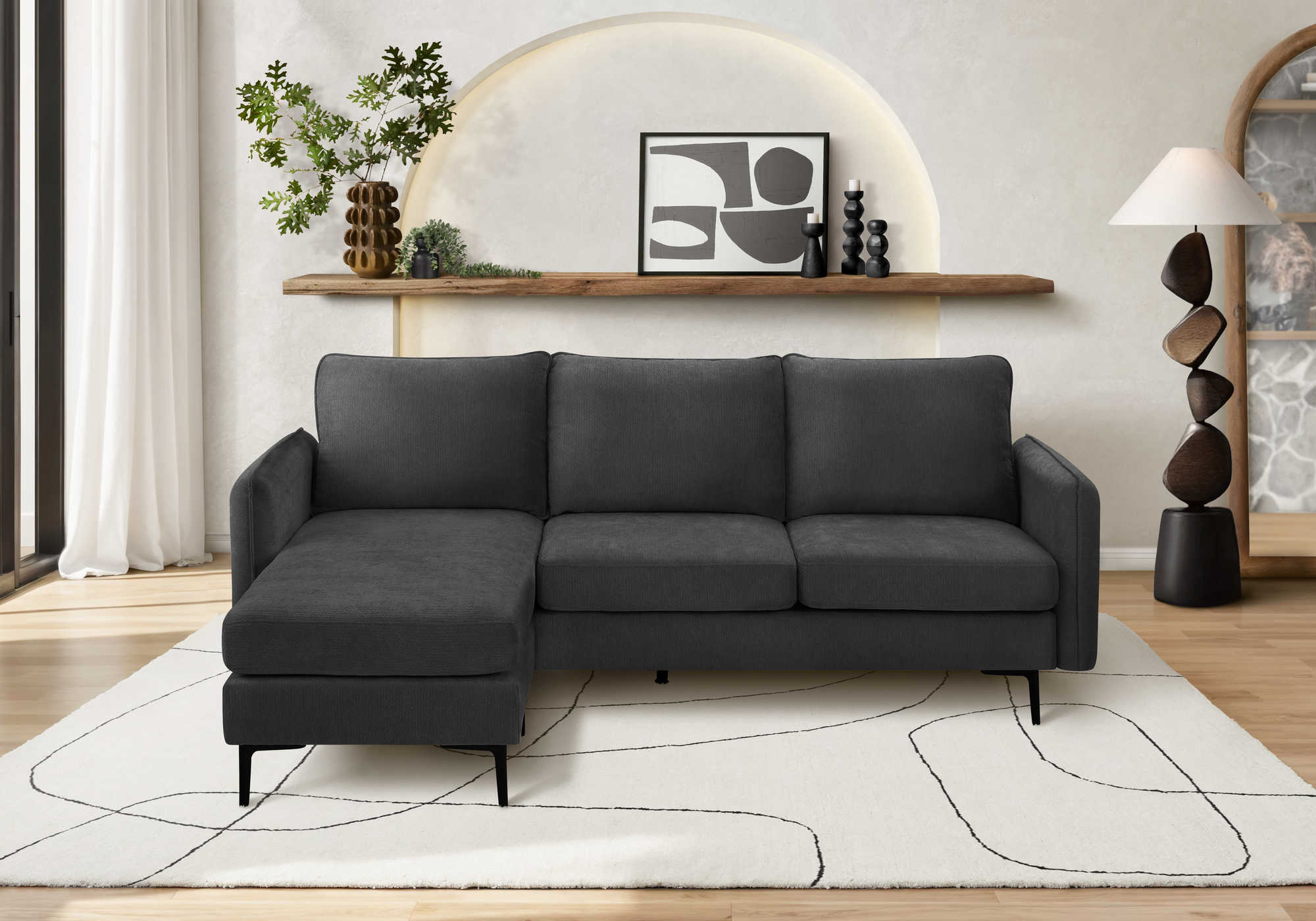 Sofa chaise longue de 85" Monarch - COACH-20 - tissu noir (8K14C20)