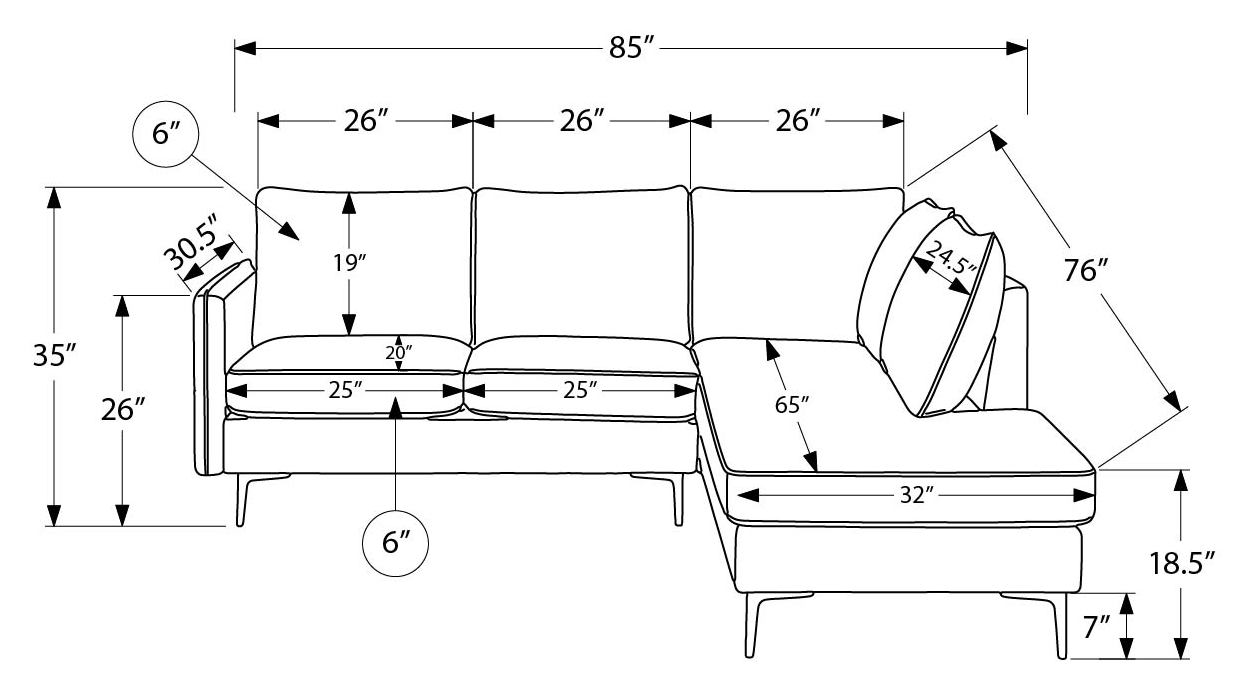Monarch 85" Sectional Sofa - COACH-18 - grey fabric (8K15C18)