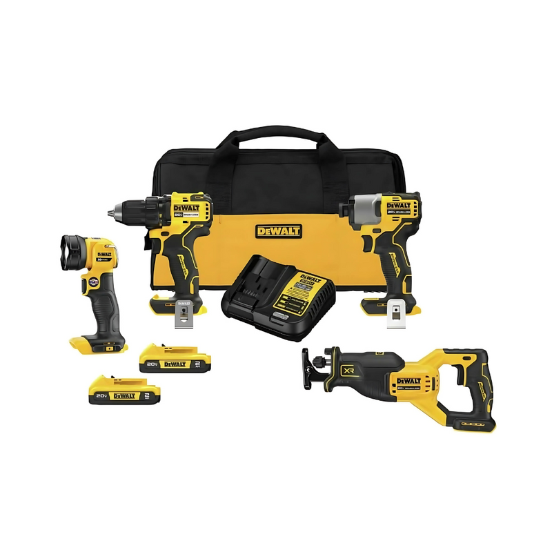 Kit combiné DeWALT sans fil 4 outils sans fil 20 V MAX avec perceuse, visseuse à percussion, scie à recettes et lampe de travail