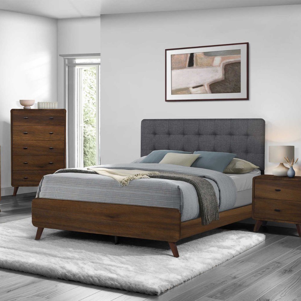 Base de lit Queen en noyer et tissu gris - Monarch (I5230Q)