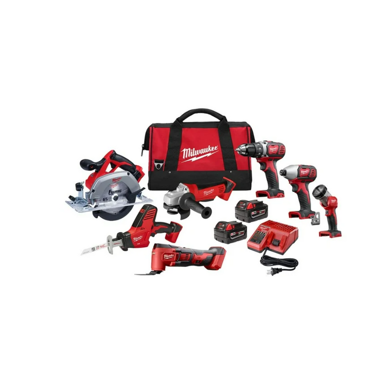 Milwaukee Cordless Combo Tool Kit (7 Tools) with Two Batteries, Charger and Tool Bag 