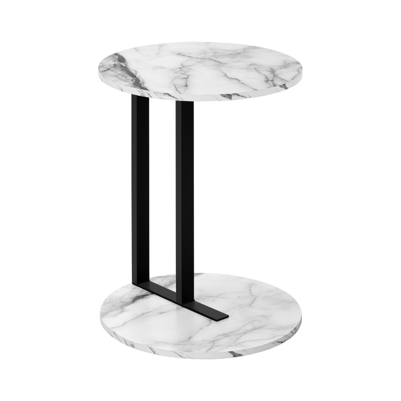 Side table in white faux marble and black metal