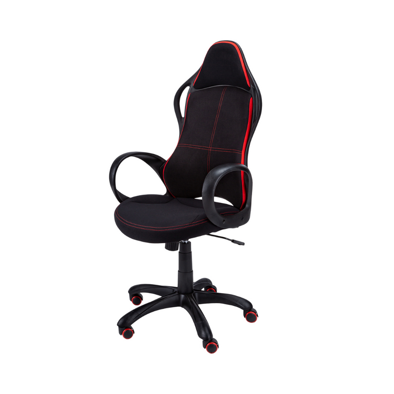 Multi-position office chair in black and red fabric