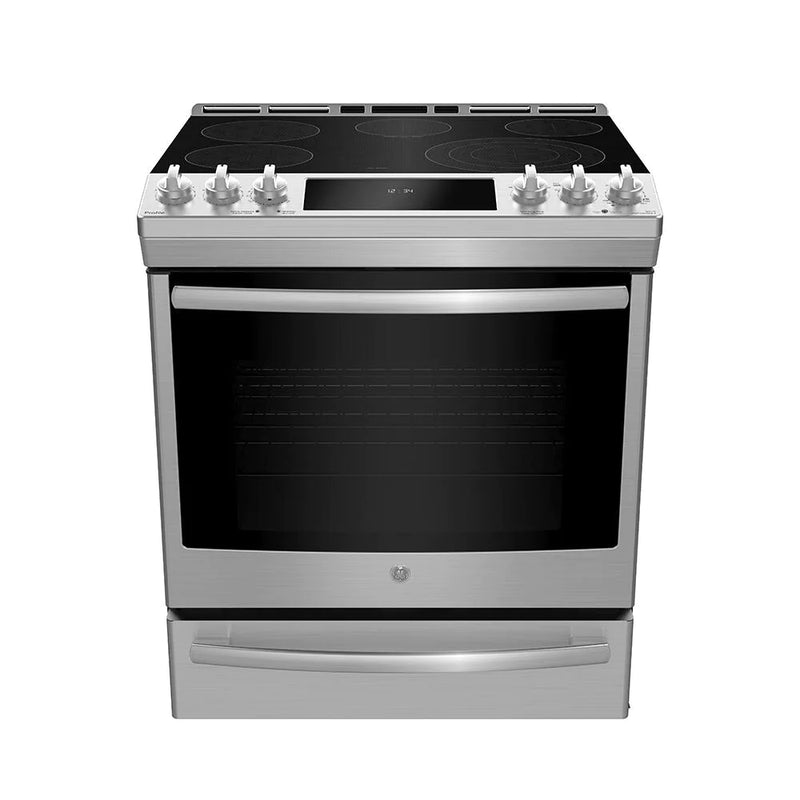 GE 30-inch electric range with convection, Air Fry technology without preheating, in stainless steel.
