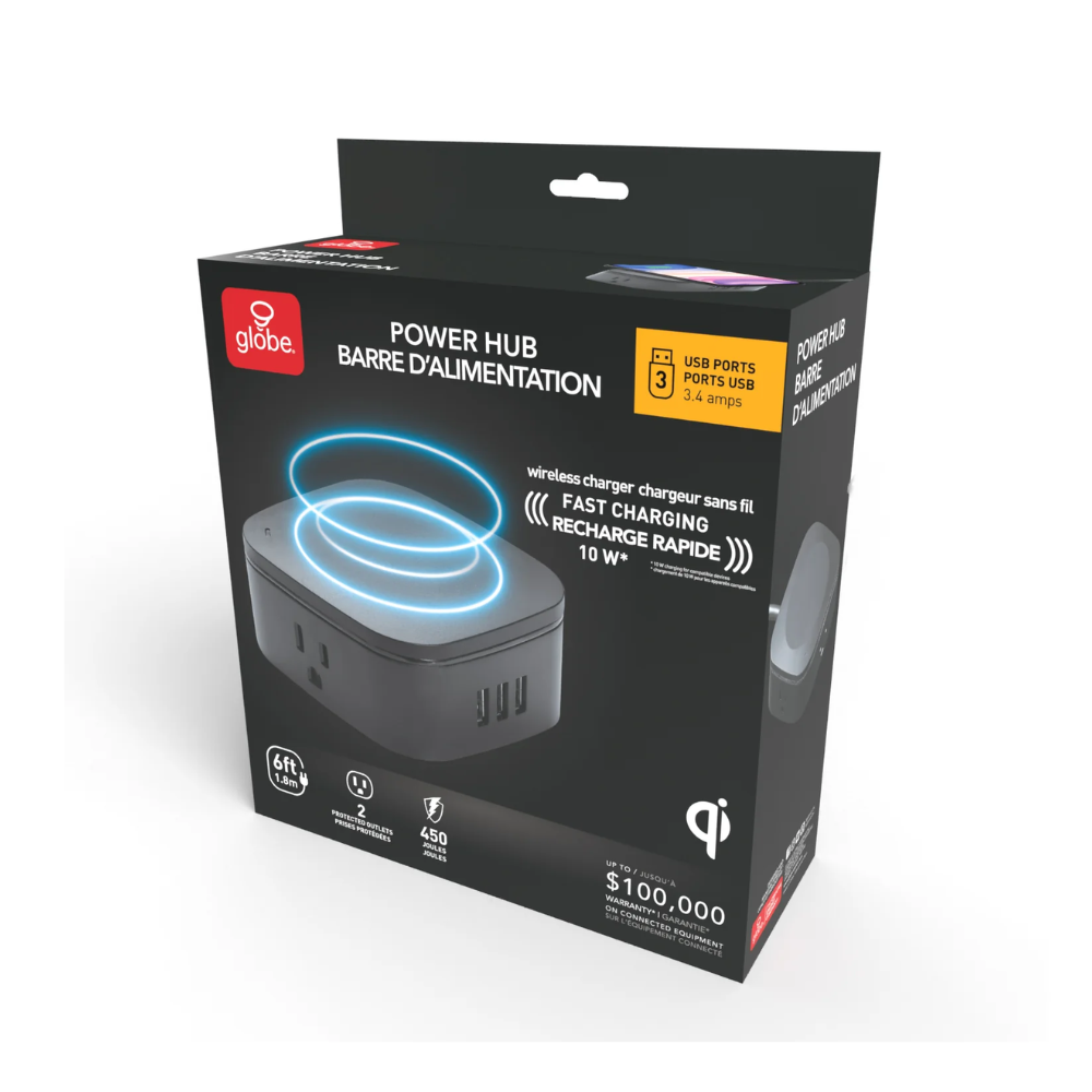 Station de recharge sans fil de bureau Globe à 2 prises avec parasurtenseur, 3 ports USB et cordon 6 Pi (78353)