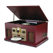 Tourne-disque Platine rétro Bluetooth Sylvania 6-en-1 avec lecteur CD, cassette, entrée AUX et radio AM/FM – Finition bois (SRCD838BT)