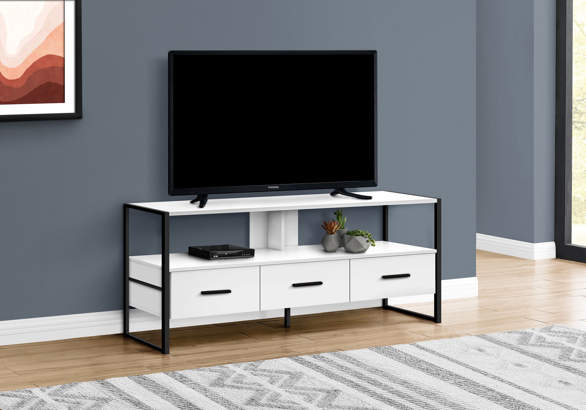 Meuble TV de couleur Blanc et Metal noir