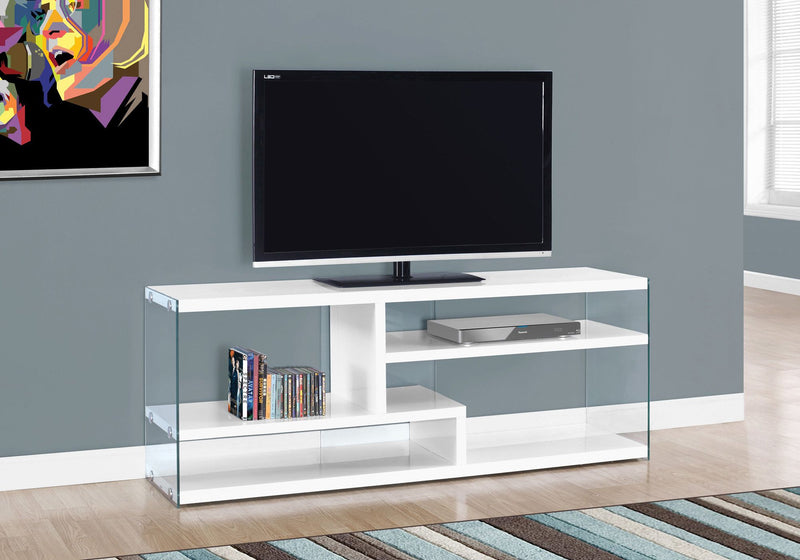 Tv cabinet in gloss white and tempered glass